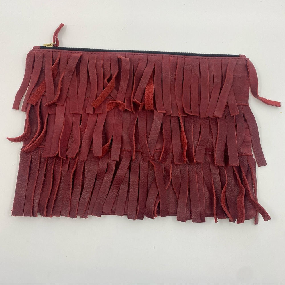 Ceri Hoover wine Burgundy suede fringe clutch purse Handbag Zipper Closure as is